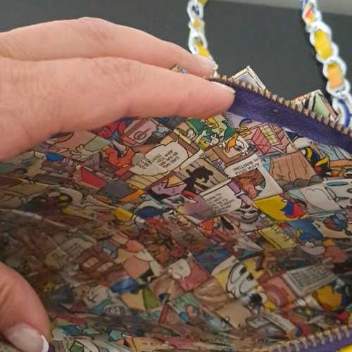 Handmade crossbody bag like new, woven comic strips
