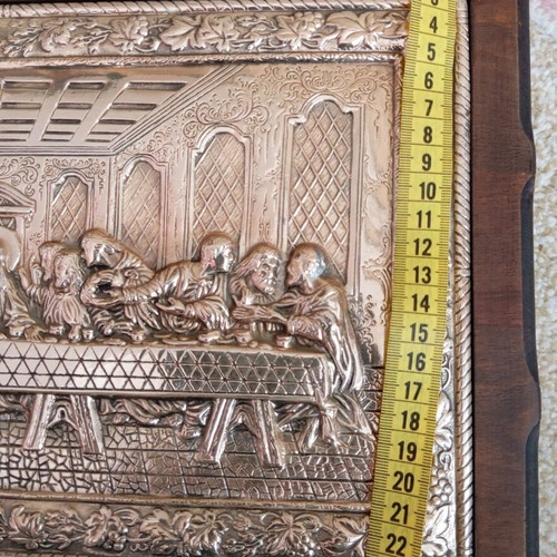 Silver relief Last Supper decoration on wooden base like new