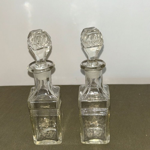 Vintage glass bottles set of 2 with embossed stoppers