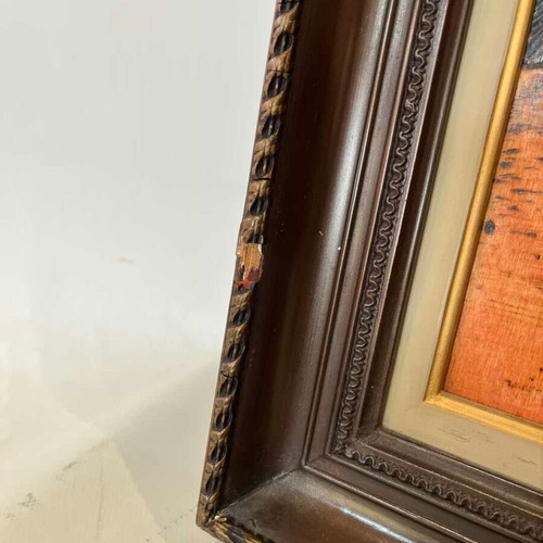 Vintage pyrography wall frame with naval battle scene, artist signed, 50x60