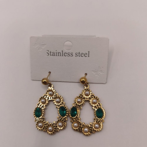 Stainless Steel Tear Drop Earrings with Emerald Crystals and Pearls
