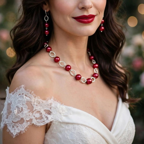 Handmade red beaded necklace and earrings set