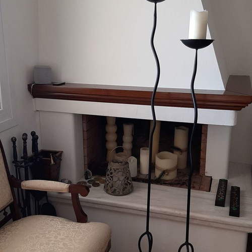Floor candlesticks used, wrought iron, large set of 2, solid iron