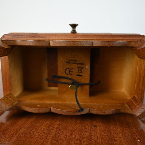 Wooden table clock used with visible skeleton mechanism and drawer
