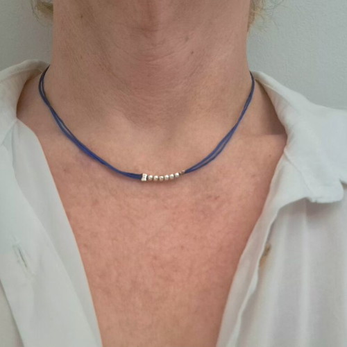 Minimal Necklace with Double Blue Cord and 925 Silver Beads like new