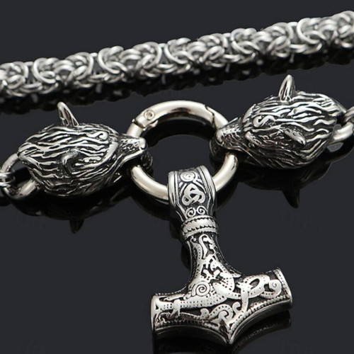 Viking Thor's Hammer Necklace Mjölnir with Wolf Heads new, silver