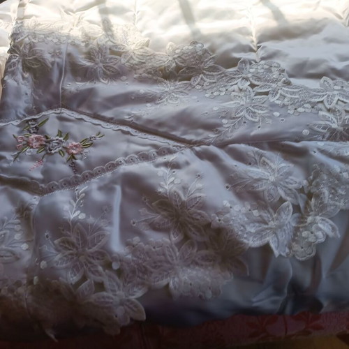 Satin double bed cover new with embroidery and lace