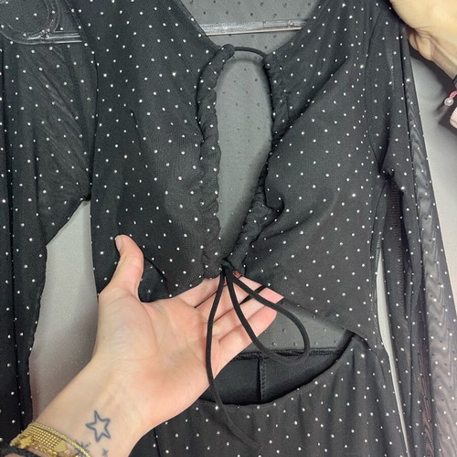 Black dress with rhinestones and front opening, new