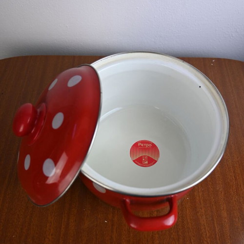 Vintage enamel pot red with white polka dots used