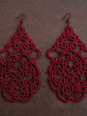 Handmade burgundy earrings made to order with needle tatting technique