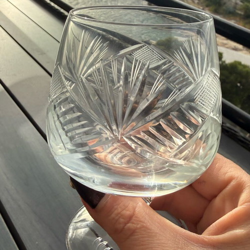 Crystal glass set like new, 6 champagne and 6 brandy glasses with engraving