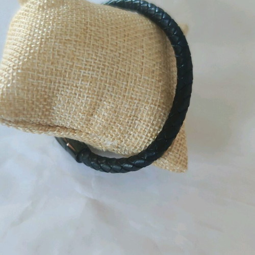 Bracelet cuff made of steel and genuine leather, new, black