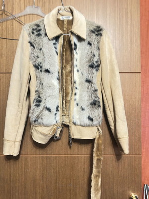 Fur jacket castor leather with fur new brown size L