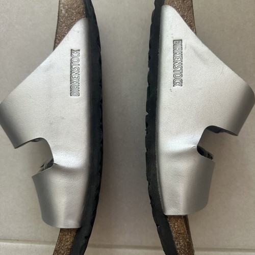 Birkenstock silver leather slippers, size 38