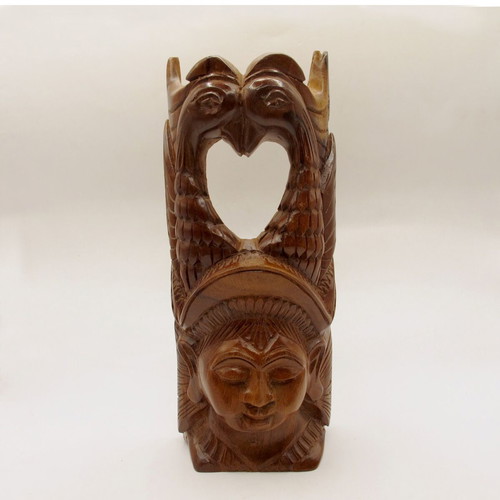 Vintage hand-carved wooden figure woman with birds, India, 23 cm