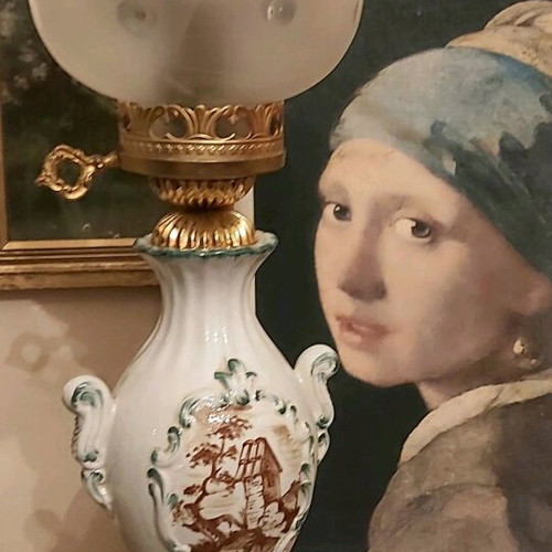 Old French antique lamp made of white porcelain with handmade painting like new