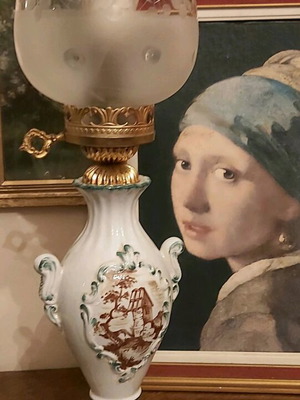 Old French antique lamp made of white porcelain with handmade painting like new