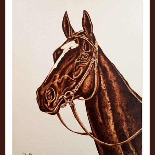 Horse portrait pyrography painting on poplar wood