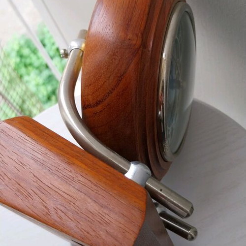 Mayak retro wind-up table clock used, wooden base