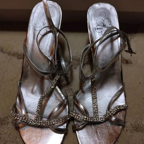 Silver women's sandals like new with shiny crystals, size 38