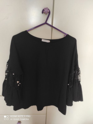 Blouse large new black with embroidery and pearls on sleeves