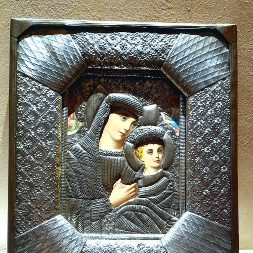 Virgin Mary with Christ Child religious icon with embossed metal riza, early 20th century