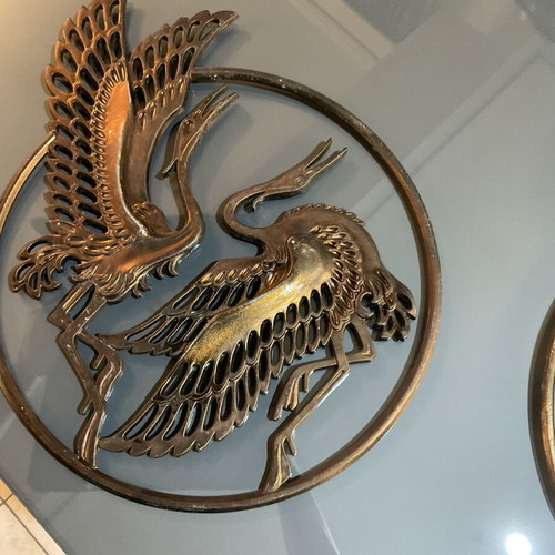 Handmade copper wall decorations set of 2 with stork relief