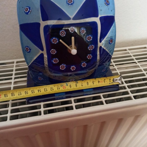 Venetian table clock used, blown glass blue with flowers