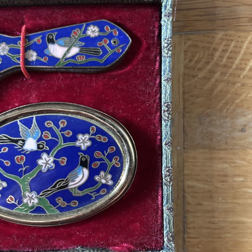 Vintage Cloisonné comb and brush set with original case like new