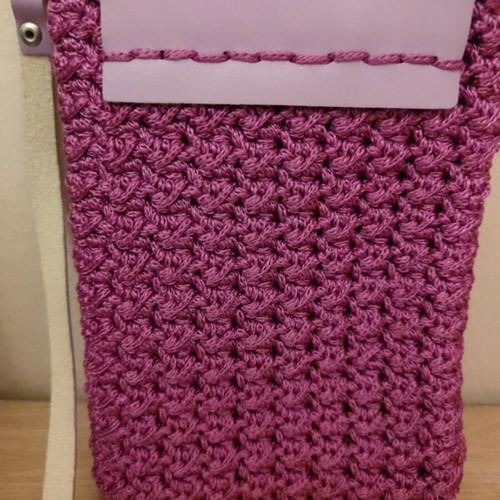 Handmade knitted crossbody bag new pink-purple with leather details