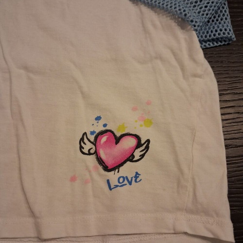 Girls' short-sleeve double top like new, sizes 128-134 cm, white and blue