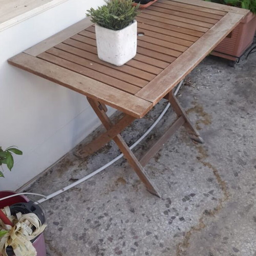Folding wooden veranda garden table used with umbrella hole