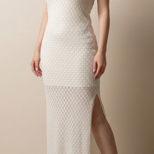 Stradivarius white knitted maxi dress with side slit, like new