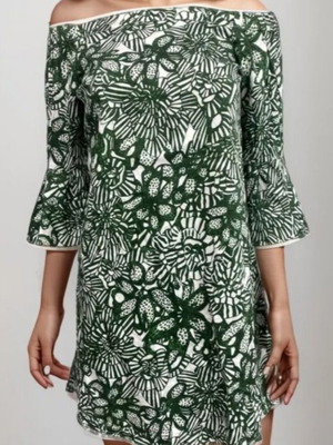 H&M Women's Dress M Green-White Cotton Floral Off-Shoulder New
