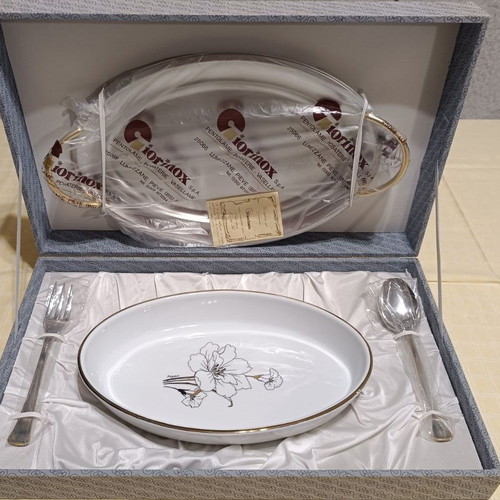 Giorinox serving platter set used, inox and porcelain