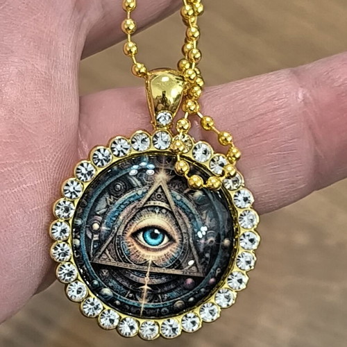 All Seeing Eye Necklace gold color with rhinestones, new