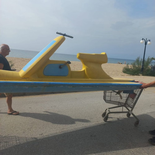 Motorcycle-style pedal boat used, 2-person, fiberglass