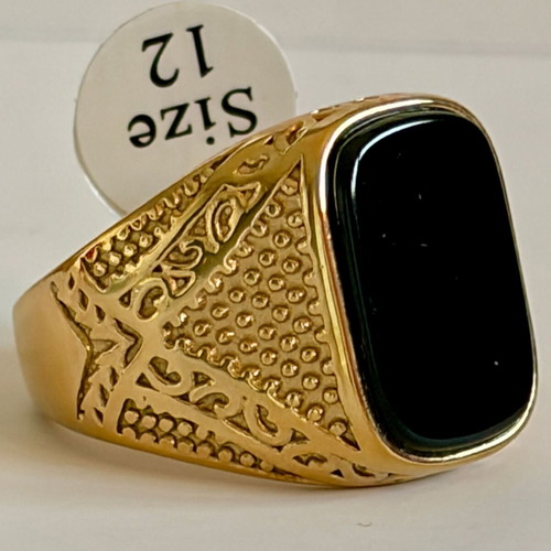Black Onyx Style Signet Ring gold plated 316L stainless steel US size 12