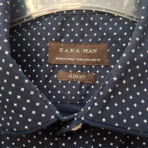 Zara Man slim fit men's shirt, navy blue with white crosses, size S