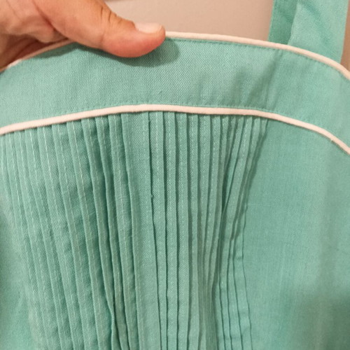 Vintage Teal Midi Dress with Pleats and White Details, Vinyl Art Clothing