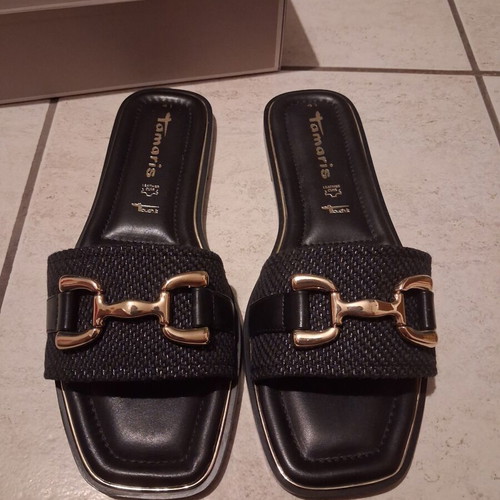 Tamaris black sandals with gold buckle, size 41