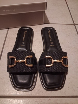 Tamaris black sandals with gold buckle, size 41