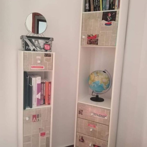 Bookcase furniture set used, 2 pieces white with newspaper design