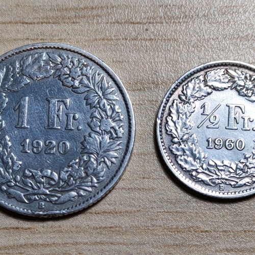 Swiss silver coins 1 franc 1920 & 1/2 franc 1960 used