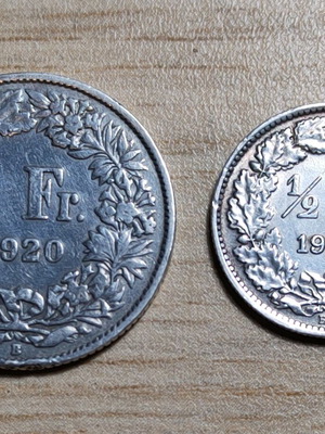 Swiss silver coins 1 franc 1920 & 1/2 franc 1960 used