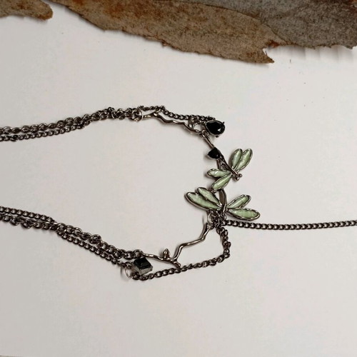 Women's necklace dragonflies gun black plated gothic new