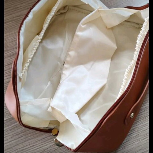 Toiletry bag with dividers for cosmetics tan color new