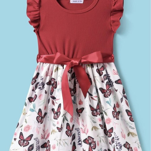 Dress burgundy ribbed top with butterfly print skirt new for 3-4 years