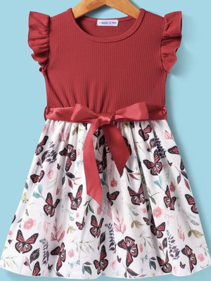 Dress burgundy ribbed top with butterfly print skirt new for 3-4 years