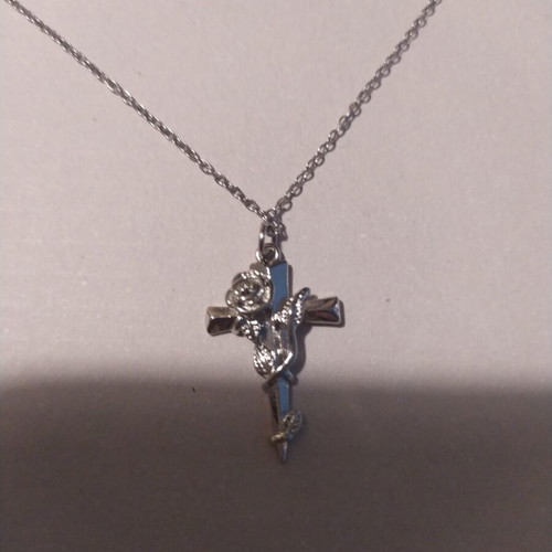 Flower Cross Pendant like new, silver color, steel choker type